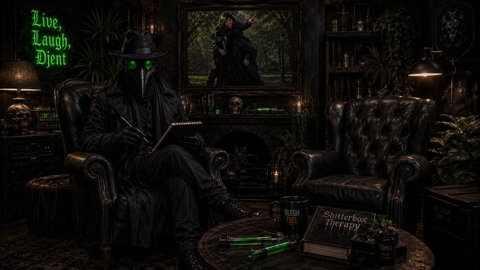 The Good Doctor in his lounge, an empty chair beside him