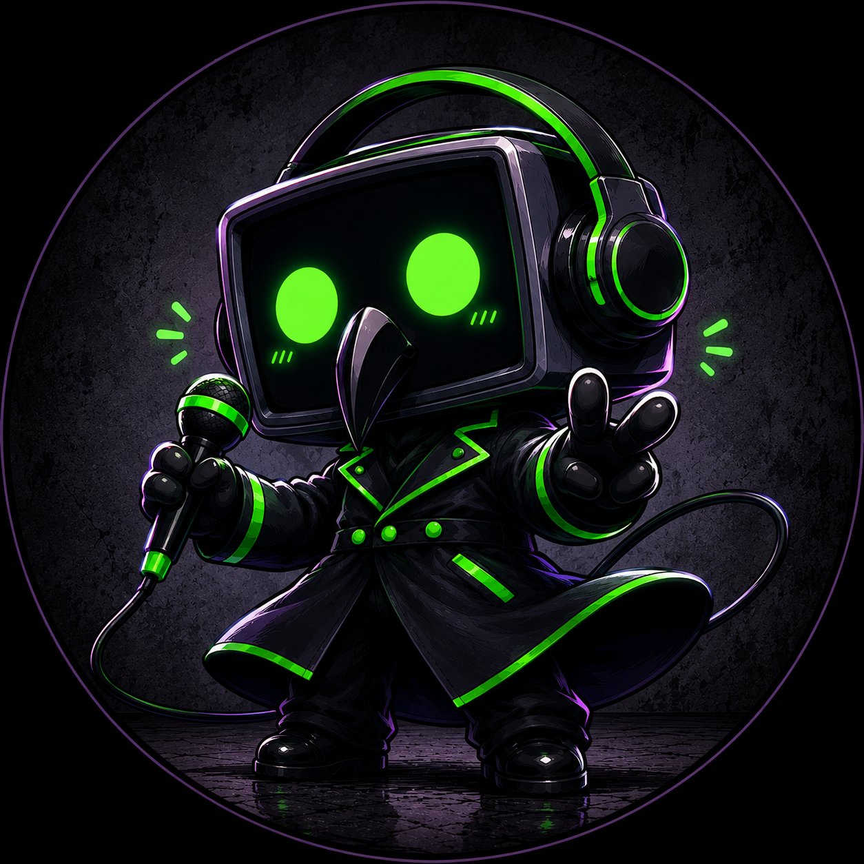 The Good Bot, a friendly TV-headed robot in a dark coat with glowing green eyes, holding a microphone.