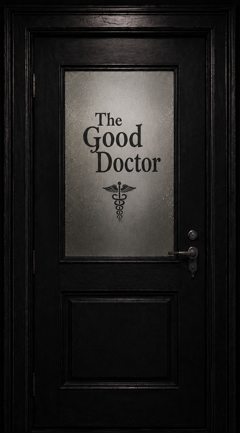 A frosted-glass door reading The Good Doctor, light glowing beneath it